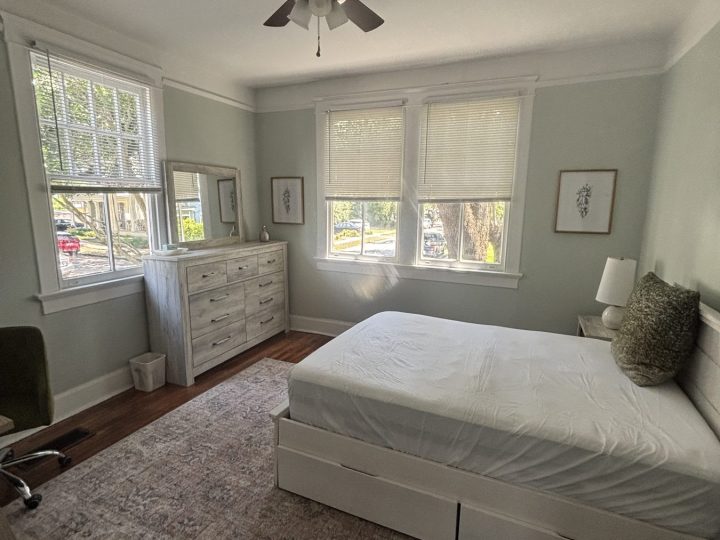 Bedroom with a dresser, area rug and ceiling fan